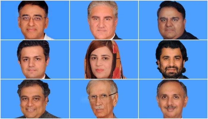 (Clockwise) Pakistan Tehreek-e-Insaf leaders Asad Umar, Shah Mehmood Qureshi, Fawad Chaudhry, Hammad Azhar, Zartaj Gul, Qasim Suri, Ali Zaidi, Parvez Khattak, and Omar Ayub. — National Assembly of Pakistan website