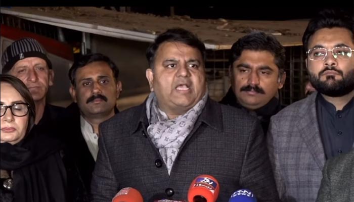 PTI senior leader Fawad Chaudhary speaking at a press conference in Lahore on December 17, 2023. — Youtube/PTI