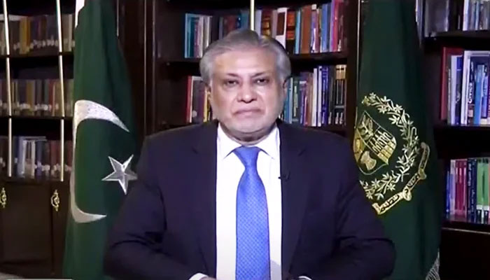 Finance Minister Ishaq Dar speaks during an interview in this undated photo.—Geo News/Screengrab