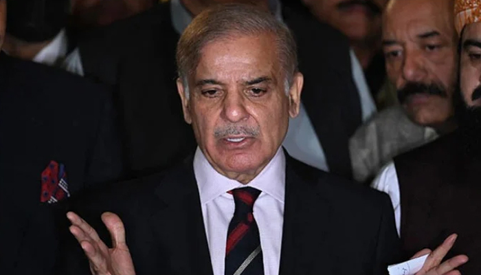 Prime Minister Shehbaz Sharif talking to media. — AFP/file