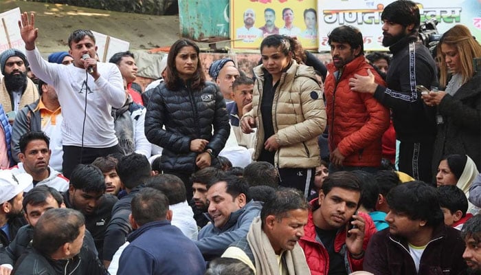 Vinesh Phogat, Sakshi Malik, Bajrang Punia and other Indian wrestlers take part in a protest at Jantar Mantar in New Delhi, India. January 19, 2023 — Reuters