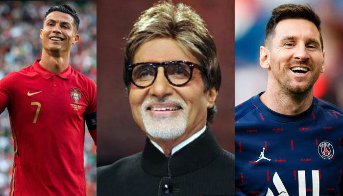 Amitabh Bachchan gently shakes hands with Ronaldo and Messi right before the game