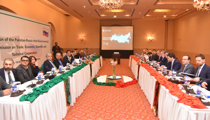 Pakistani (left) and Russian delegations during the annual inter-governmental commission in Islamabad on January 20, 2023. — Photo by reporter