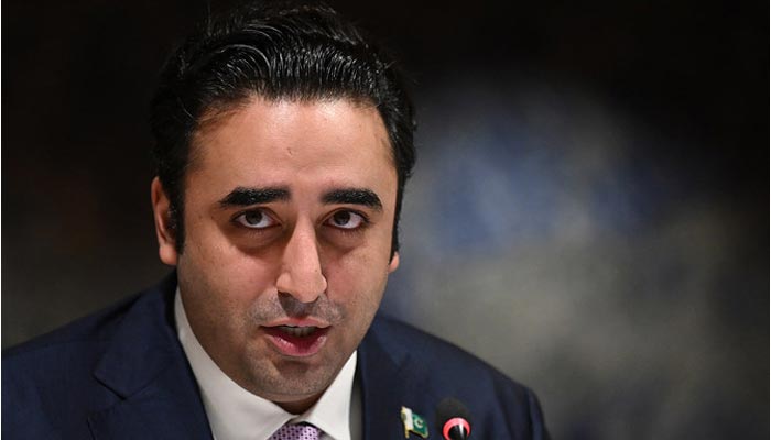 Foreign Minister Bilawal Bhutto-Zardari during a speech at Pakistans Resilience to Climate Change conference in Geneva on January 9, 2023. — AFP