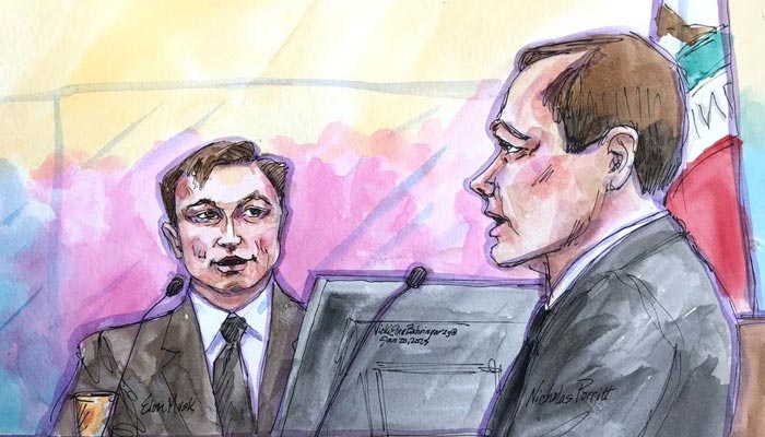 Tesla CEO Elon Musk testifies during a securities-fraud trial in San Francisco, California, U.S., January 20, 2023 in this courtroom sketch. — Reuters