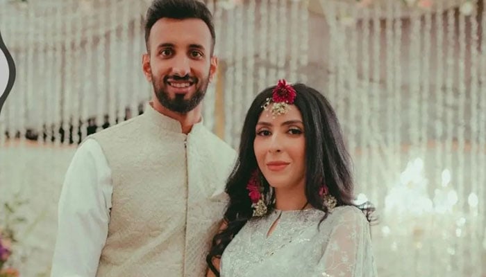 Pakistani cricketer Shan Masood (left) is pictured with his bride Nische Khan at their nikkah — Instagram/@pak_stars