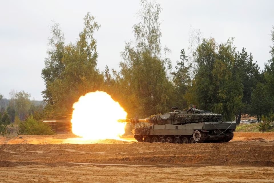 Spanish army tank Leopard 2 of NATO enhanced Forward Presence battle group fires during the final phase of the Silver Arrow 2022 military drill on Adazi military training grounds, Latvia September 29, 2022.— Reuters