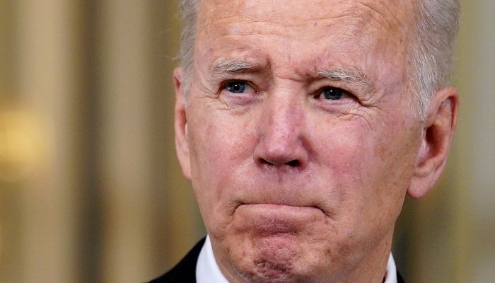 US President Joe Biden responds to a question about Ukraine during an event to announce his budget proposal for fiscal year 2023, in the State Dining Room at the White House in Washington, US, March 28, 2022.— Reuters