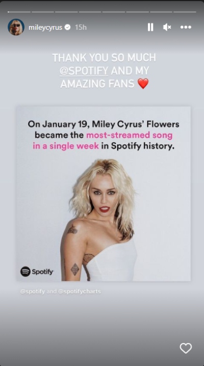Miley Cyrus credits fans for making ‘Flowers’ most-streamed song on Spotify