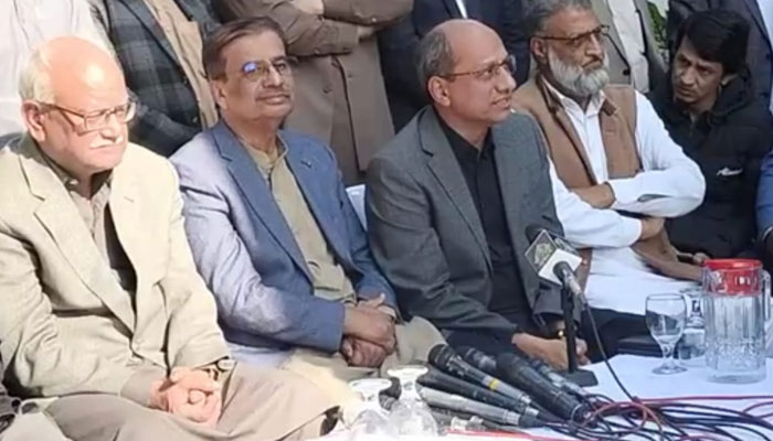 PML-N Sindh President Shah Muhammad Shah (second left) and Sindh Minister for Labour and Human Resources Saeed Ghani address joint press conference in Karachi on January 21, 2023. — Supplied