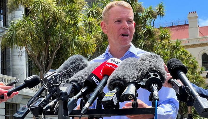 Chris Hipkins speaks to members of the media, after being confirmed as the only nomination to replace Jacinda Ardern as leader of the Labour Party, outside New Zealands parliament in Wellington, New Zealand January 21 2023.— Reuters