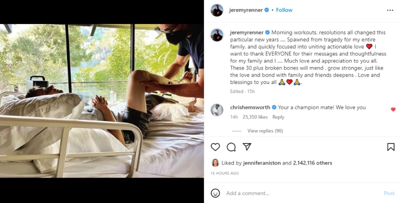 Jeremy Renner receives love and wishes from fellow stars as he returns home