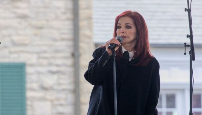 Priscilla Presley speaks during a public memorial for her daughter, singer Lisa Marie Presley