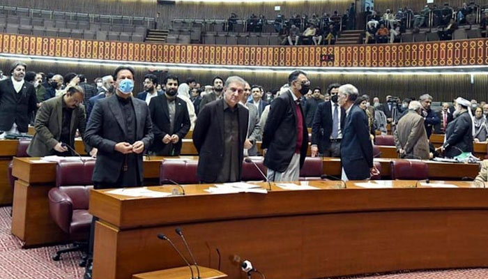 Former prime minister Imran Khan and other PTI MNAs during voting at the National Assembly on Jan 13, 2022. — APP