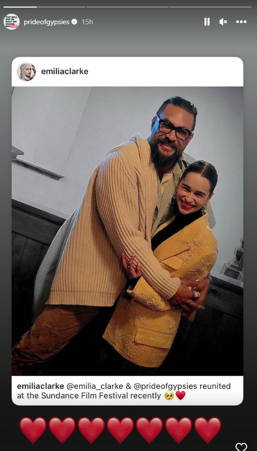‘Game of Thrones’ Jason Momoa, Emilia Clarke reunite at Sundance Film Festival
