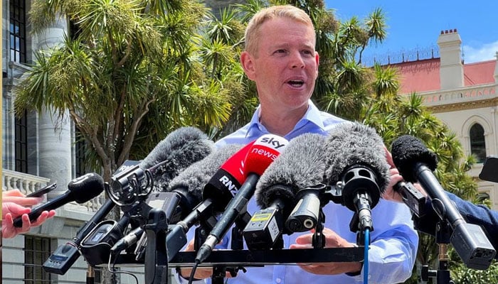 Chris Hipkins speaks to members of the media, after being confirmed as the only nomination to replace Jacinda Ardern as leader of the Labour Party, outside New Zealands parliament in Wellington, New Zealand January 21 2023.