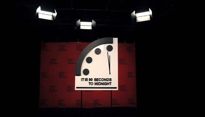 The clock with the Bulletin of the Atomic Scientists is placed ahead of the announcement of the location of the minute hand on its Doomsday Clock at the National Press Club in Washington, U.S., January 24, 2023. — Reuters