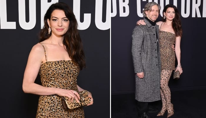 Anne Hathaway membuat pernyataan macan tutul yang berani di Valentino haute couture untuk PFW
