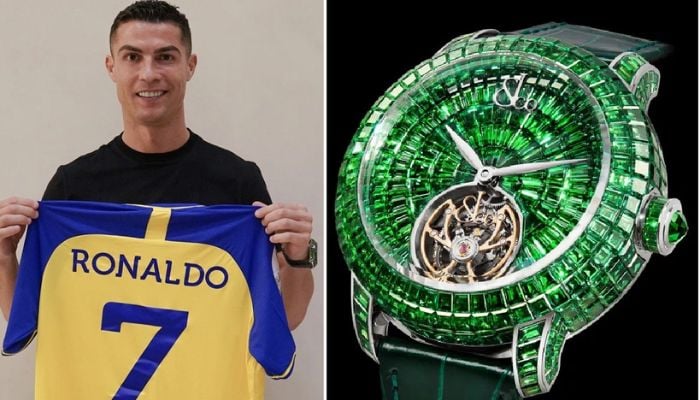 Cristiano Ronaldo holding his Al Nassr shirt (l), Jacob & Co. Caviar Flying Tourbillon “Tsavorites.— Reuters, Jacob & Co.