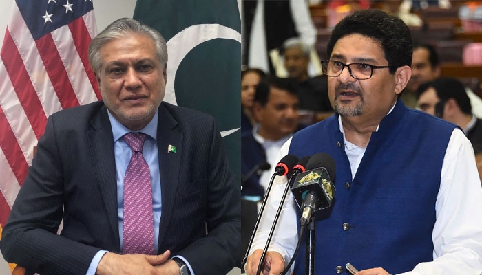 Finance Minister Ishaq Dar (left) and PML-N leader Miftah Ismail. — AFP/File