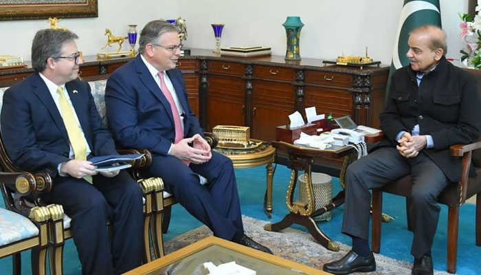 US ambassador to Pakistan Donald Blome calls on Prime Minister Shehbaz Sharif in Islamabad on January 26. —PID.