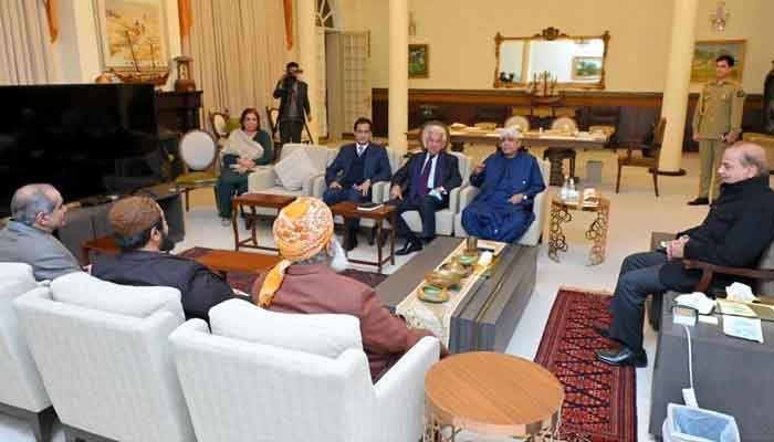 Former president Asif Ali Zardari and PDM President Maulana Fazlur Rehman called on Prime Minister Shehbaz Sharif on January 26, 2023. —PID