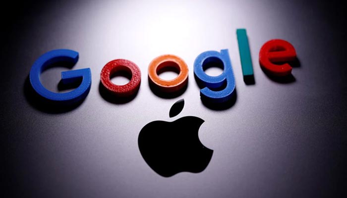 A 3D printed Google logo is placed on the Apple Macbook in this illustration taken April 12, 2020. — Reuters