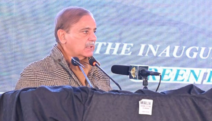 Prime Minister Shehbaz Sharif addressing the inauguration of the Green Line Express Train Service at the Margalla Train Station in Islamabad. — Screengrab/PTV/Twitter