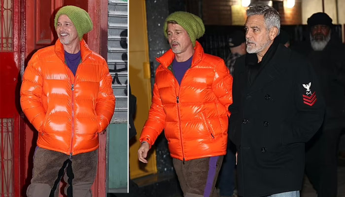 Brad Pitt sports bright orange puffer coat with George Clooney on set of ‘Wolves’