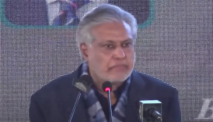 Finance Minister Ishaq Dar addressing a ceremony in Islamabad.— Screengrab/PTV