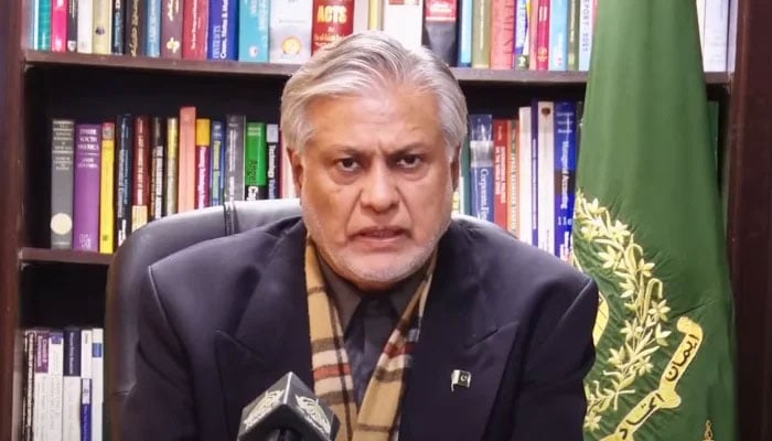 Finance Minister Ishaq Dar addressing the people via a televised address on December 31, 2023. — PID/File