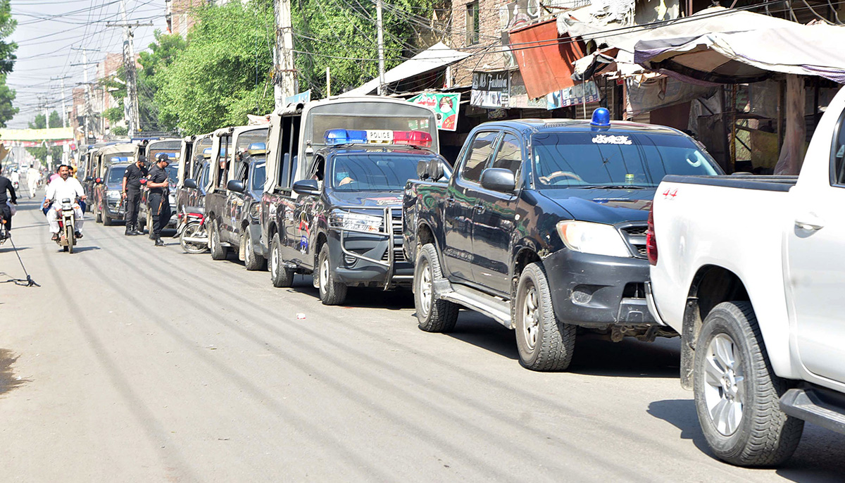 Police mobiles patrol during by-elections of NA-108 of the National Assembly in Faisalabad on October 16, 2022. — Online