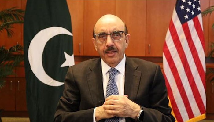 Pakistans Ambassador to the United States Masood Khan addressing a session virtually.— Radio Pakistan