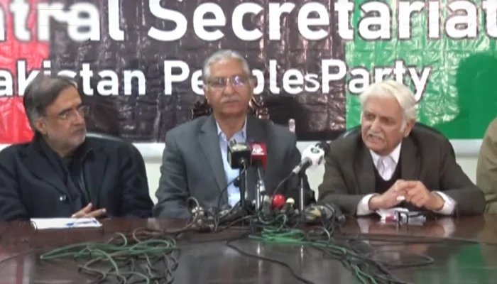 PPP leaders hold a press conference in Islamabad on January 28, 2023.— Screengrab/PTV News