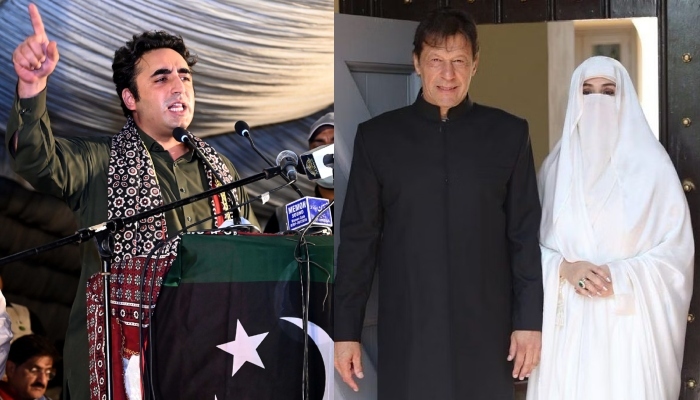 (Left to right) Foreign Minister Bilawal Bhutto-Zardari, PTI Chairman Imran Khan, and Khans wife, Bushra Bibi. — Online/Twitter/@PTIofficial/File