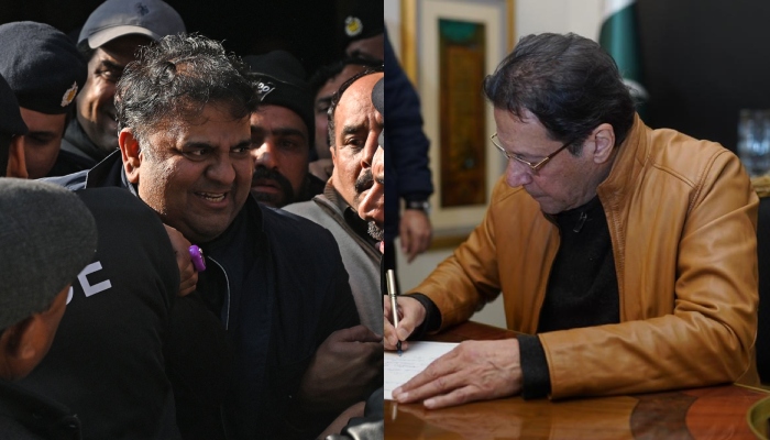 Police officials escort PTI leader Fawad Chaudhry as they leave the court after a hearing in Islamabad on January 27, 2023 (left) and PTI Chairman Imran Khan writes a letter to CJP on January 28, 2023. — AFP/PTI