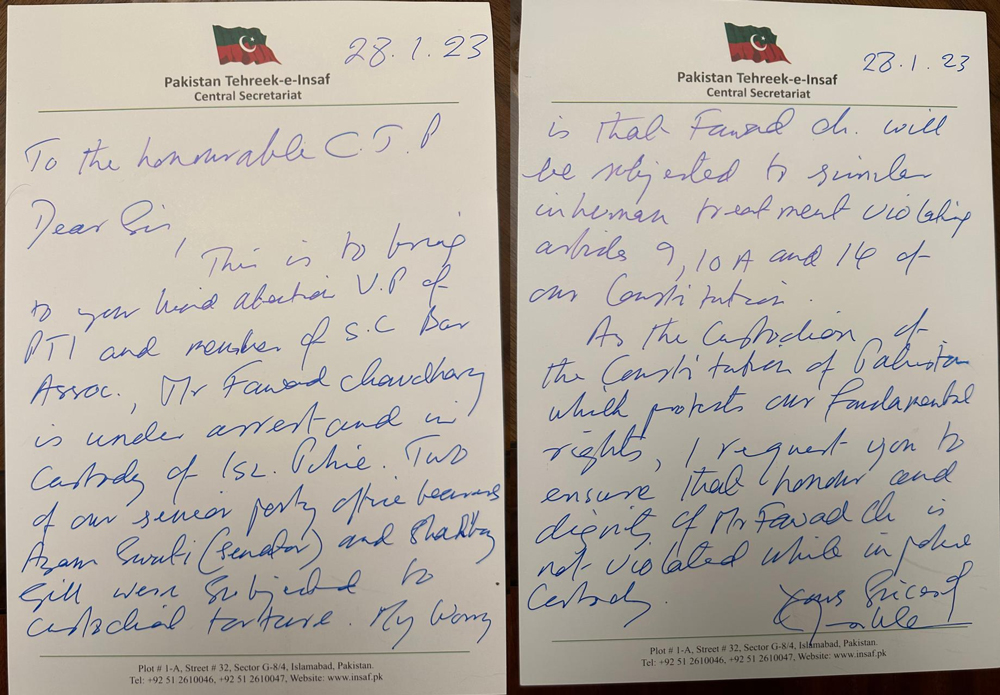 PTI Chairman Imran Khans letter to CJP Umar Ata Bandial, written on January 28, 2023. — PTI
