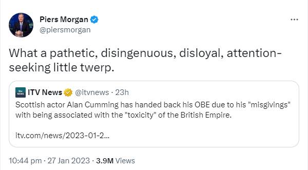 Piers Morgan slams Alan Cumming for returning OBE Award