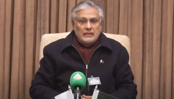 Finance Minister Senator Ishaq Dar addresses a televised address in Islamabad on January 29, 2023. — YouTube/PTVNewsLive