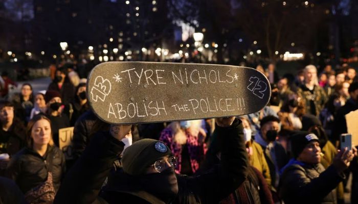 People take part in a protest following the release of a video showing police officers beating Tyre Nichols, the young Black man who died three days after he was pulled over while driving during a traffic stop by Memphis police officers, in New York, US, January 28, 2023.— Reuters