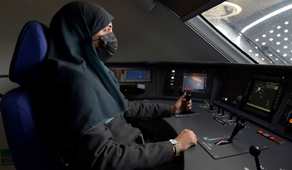 Raneem Azzouz, drives the high-speed train ferrying pilgrims to Makkah. — AFP