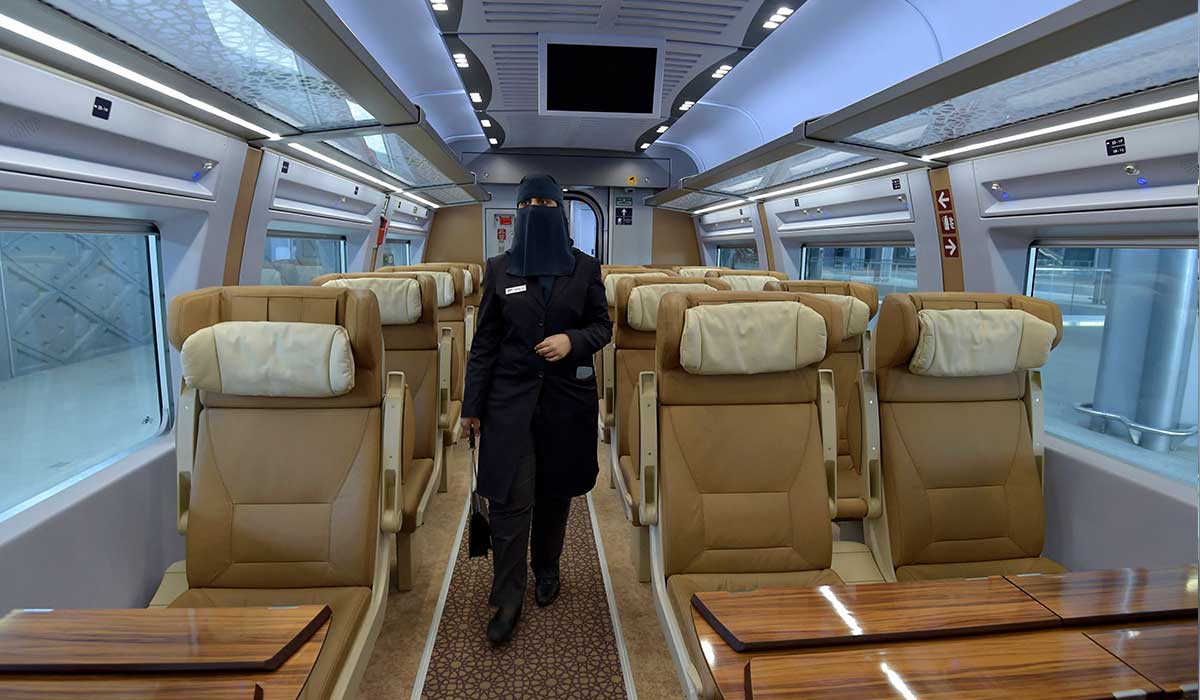Saudi conductor Tharaa Ali is pictured in one of the wagons of the high-speed. — AFP