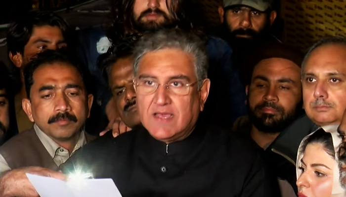 PTI Vice-Chairman Shah Mahmood Qureshi addresses the press conference in Lahore after a party meeting on January 29, 2023. — YouTube/HumNewsLive