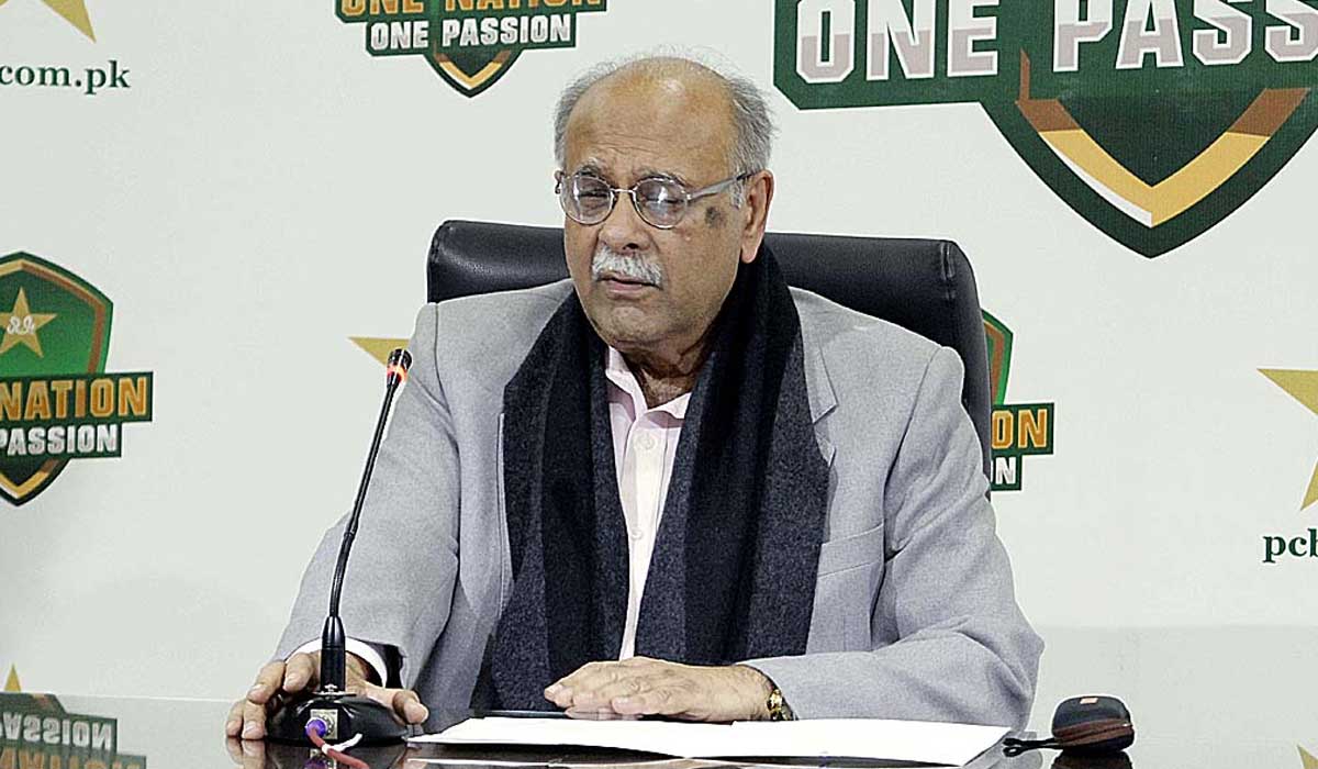 PCB Management Committee Chairman Najam Sethi addressing a media conference at Gaddafi Stadium on January 23, 2023. — APP