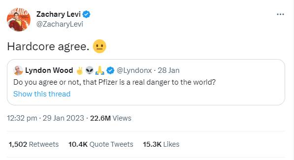 Shazam! star Zachary Levi lands into trouble over Pfizer tweet