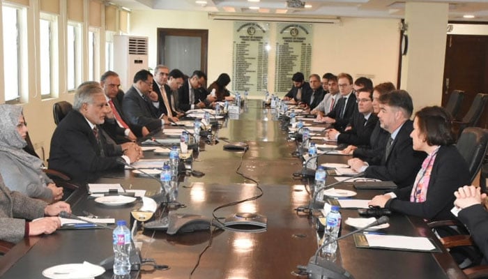 Finance Minister Senator Ishaq Dar in a meeting with IMF review Mission led by IMF Mission Chief Nathan Porter at Finance Dvision. — Twitter/Finance Ministry