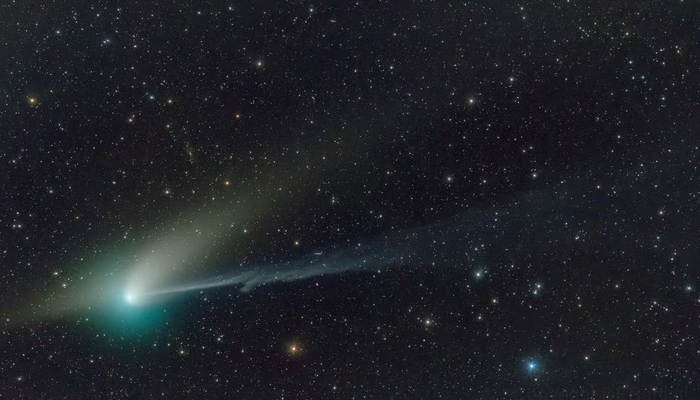 A green comet named Comet C/2022 E3 (ZTF), which last passed by our planet about 50,000 years ago and is expected to be most visible to stargazers this week, is seen journeying tens of millions of miles (km) away from Earth in this telescope image taken on Jauary 21, 2023.— Reuters