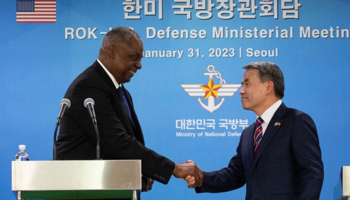 US Secretary of Defense Lloyd Austin shakes hands with South Korean Defense Minister Lee Jong-sup after a joint press conference at the Defence Ministry in Seoul, South Korea 31 January 2023.— Reuters
