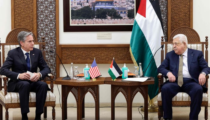 Palestinian President Mahmud Abbas (R) meets US Secretary of State Antony Blinken in Ramallah in the occupied West Bank, on January 31, 2023. — AFP