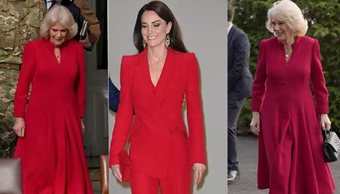 Queen Camilla channels Kate Middleton in bright red outfit as she visits Lille Barracks